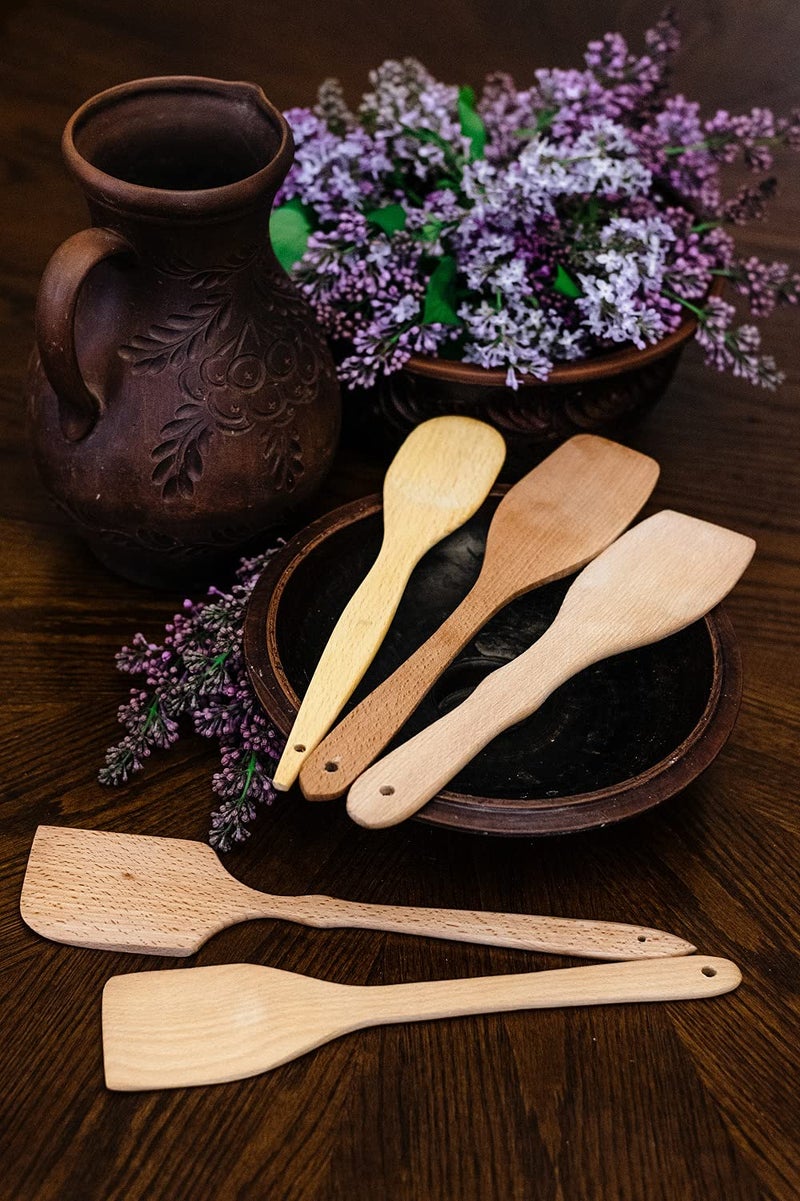 ECOSALL Nonstick Wooden Spoons For Cooking â€“ 5 European Premium Spoons Set - 100% Healthy and Natural Wooden Spatula â€“ Long Handled, Strong, Durable, Solid Wood Cooking Utensils for Everyday Cooking - Image 5